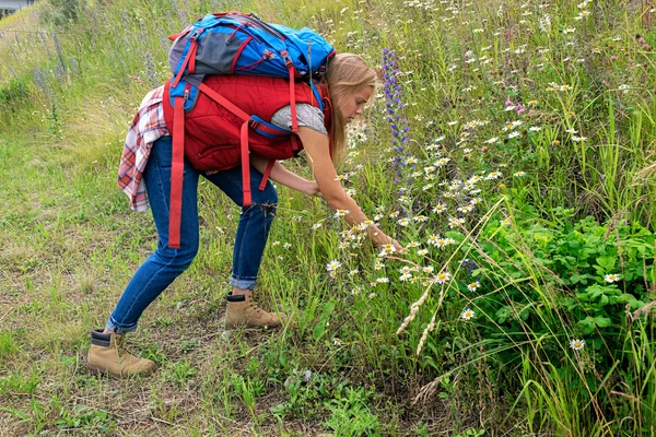 Вид збоку білявка дівчина збирає дикі квіти — стокове фото