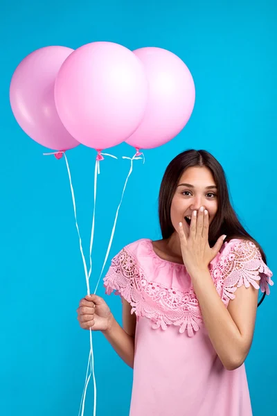Happy Brunette Girl Three Pink Balloons Covering Mouth Surprise — Stock Photo, Image