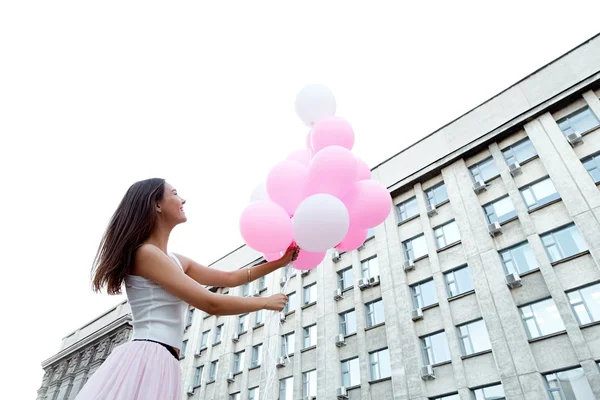 Boční Pohled Mladých Šťastný Bruneta Vzhlédl Podržíte Růžové Bubliny Před — Stock fotografie