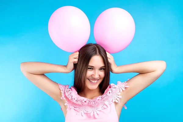 Portrait Beautiful Cheerful Girl Two Balloons Head Minnie Mouse Ears — Stock Photo, Image