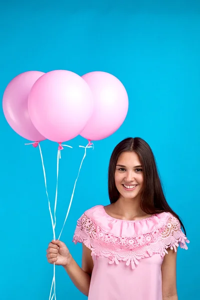 Portrait Pretty Young Brunette Girl Pink Pink Air Balloons Blue — Stock Photo, Image