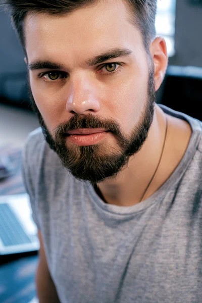 Handsome Young Man Beard Looking Camera Close — Stock Photo, Image
