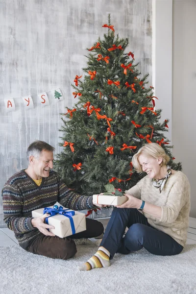 Couple of elderly man and woman smiling and sitting beneath the fir-tree — Stock Photo, Image