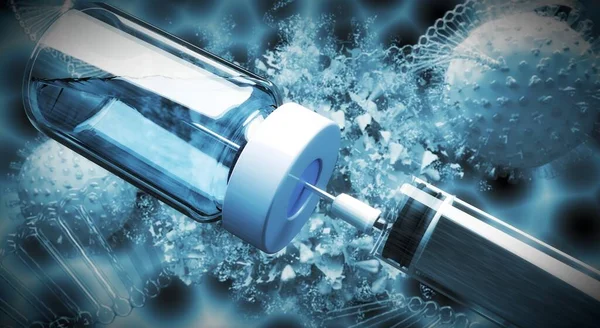 Vaccine Illustration Bottle Syringe Needle Exploded Virus Background Stock Image