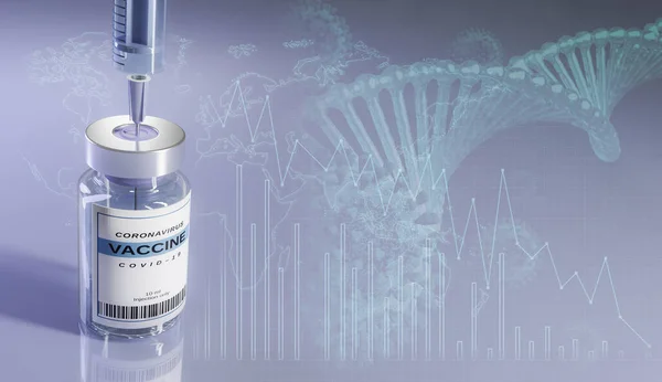 Tıbbi şırınga ve aşı şişesi. Aşı çizimi. Şişe ve şırıngayla. Arka planda virüs hücresi ve DNA var..