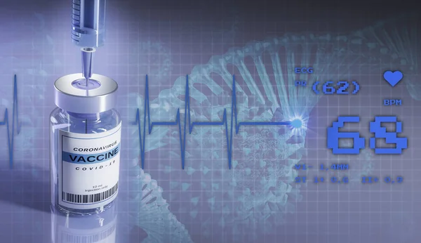 Tıbbi şırınga ve aşı şişesi. Aşı çizimi. Şişe ve şırıngayla. Arka planda EKG şeması, DNA ve virüs hücresi var..