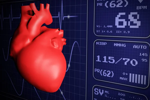 心の3Dイラスト 心電図の背景に 医療監視員 3Dレンダリング図 — ストック写真