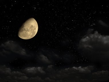 Gece gökyüzünde yıldızlar ve bir ay.