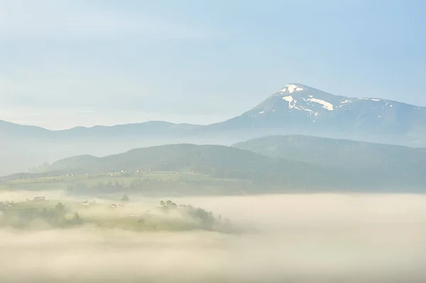 森と山のシルエットで霧の朝。暖かい夏の自然背景. — ストック写真