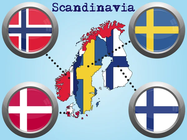 Pulsante bandiera mappa Scandinavia — Vettoriale Stock