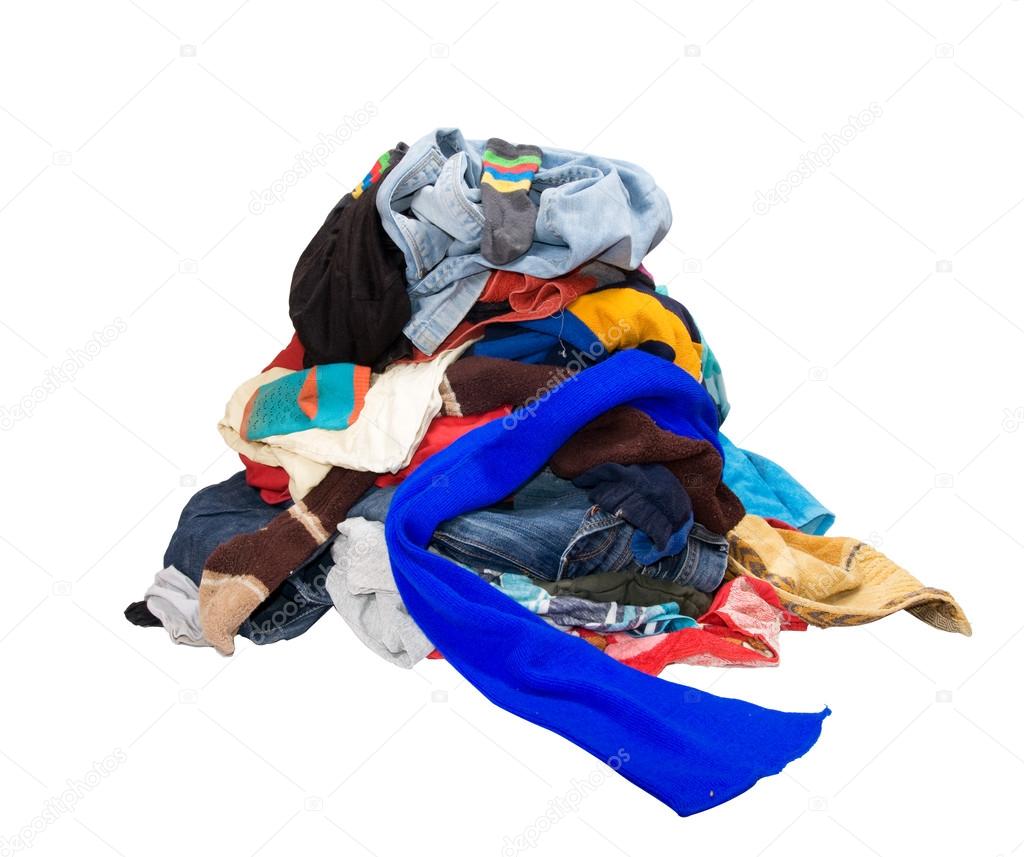A pile of dirty laundry. clothes never end. Isolated on white