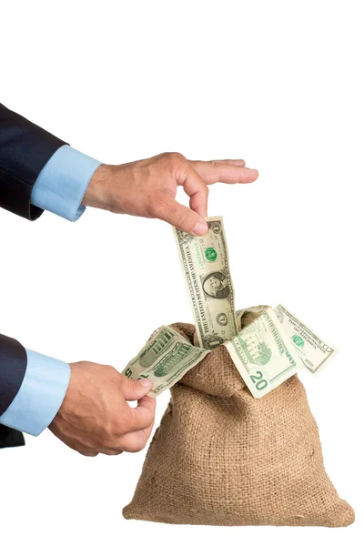 La mano tira fuori i soldi dalla borsa. isolato. serie di immagini . — Foto Stock