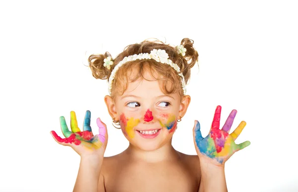 Menina com as mãos coloridas — Fotografia de Stock