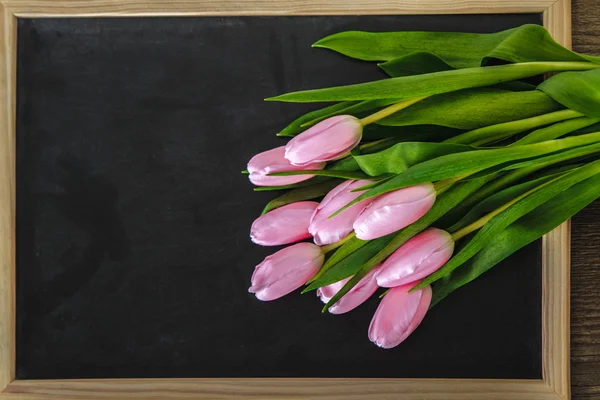 Tulips on the blackboard — Stock Photo, Image