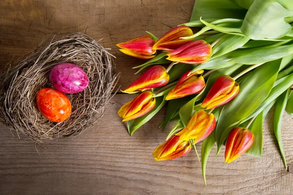 Easter background with decorated eggs in the nest — Stock Photo, Image