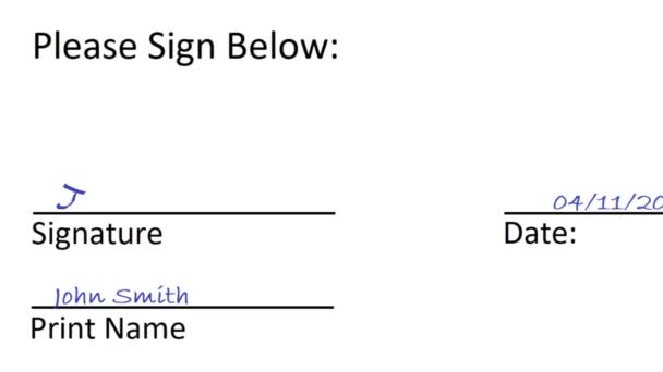 在白纸档案文件上签署日期及印刷名称的签名 用草书在网上手写签名名和姓 请在下面签名 — 图库视频影像