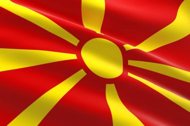 Kuzey Makedonya bayrağı. Makedon bayrağının dalgalanmasının 3D görüntüsü.