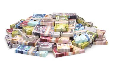 Beyaz arkaplanda izole edilmiş Gine frangı banknotları.
