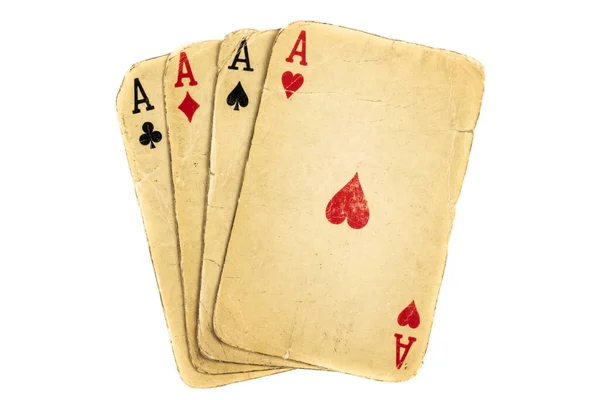 Quatre Vieilles Cartes Poker Sales Sur Fond Blanc — Photo