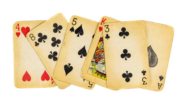 白色背景的旧的脏扑克牌 — 图库照片