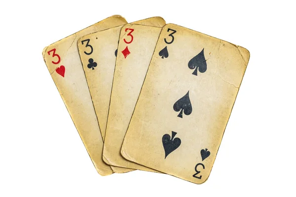 Quatre Vieilles Cartes Poker Sales Trois Sur Fond Blanc — Photo