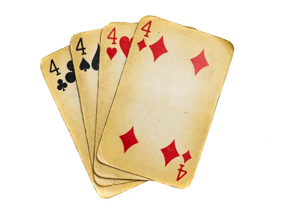 Quatre Vieilles Cartes Poker Sales Quatre Pattes Sur Fond Blanc — Photo