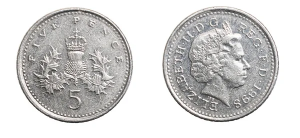 Pięć Pensów Monety Białym Izolowanym Tle — Zdjęcie stockowe