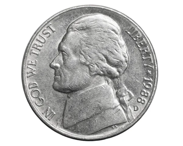 Αμερικανικό Νόμισμα Των Πέντε Λεπτών Που Απομονώνεται Λευκό Φόντο — Φωτογραφία Αρχείου
