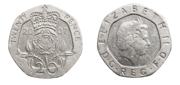 Monety Dwadzieścia Pensów Izolowane Białym Tle — Zdjęcie stockowe