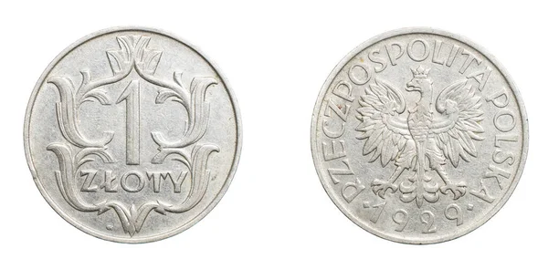 白い孤立した背景に1つのポーランドのズロチコイン — ストック写真