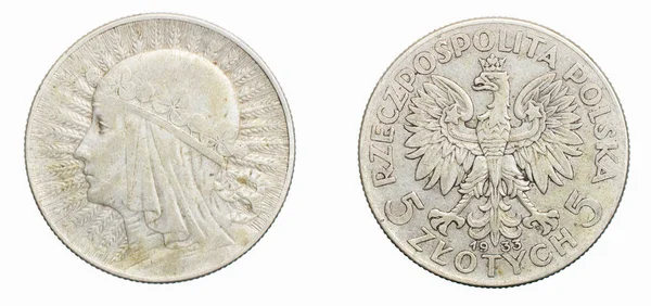 Pięć Złotych Polskich Monet Białym Izolowanym Tle — Zdjęcie stockowe