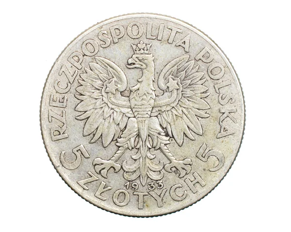 Πέντε Πολωνικά Ζλότι Κέρμα Λευκό Απομονωμένο Φόντο — Φωτογραφία Αρχείου