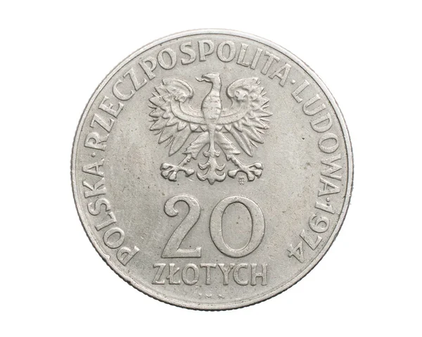 Vinte Moeda Zloty Polonês Fundo Isolado Branco — Fotografia de Stock