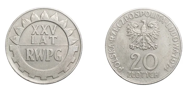 Tjugo Polska Zloty Mynt Vit Isolerad Bakgrund — Stockfoto