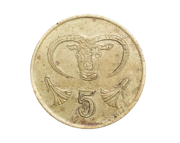 Moeda Cinco Cêntimos Ciprus Sobre Fundo Branco Isolado — Fotografia de Stock