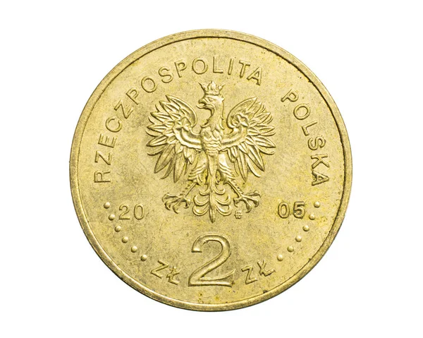 Dos Monedas Zloty Polaco Sobre Fondo Blanco Aislado — Foto de Stock