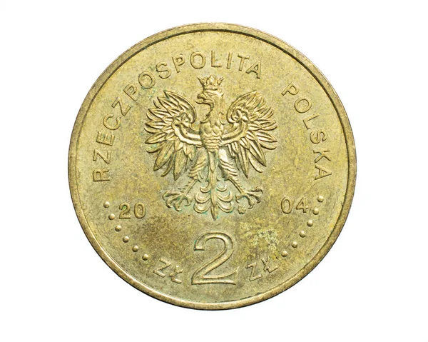 Twee Poolse Zloty Een Witte Geïsoleerde Achtergrond — Stockfoto
