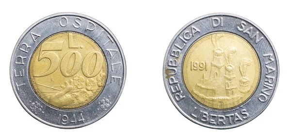 500 San Marino Lira Munt Een Witte Geïsoleerde Achtergrond — Stockfoto