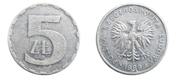 Cinco Monedas Zloty Polaco Sobre Fondo Blanco Aislado — Foto de Stock