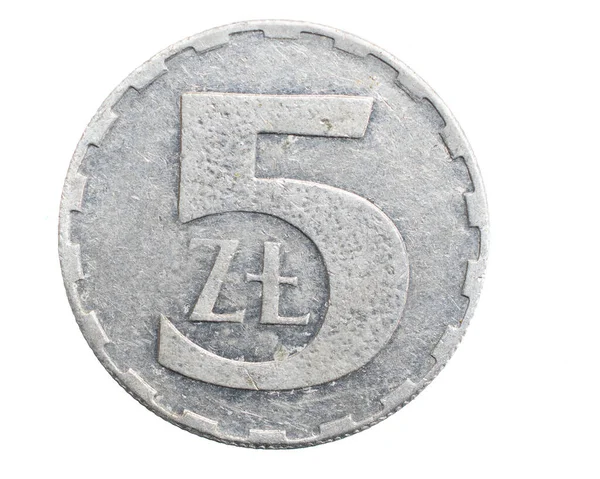 Five Polish Zloty Coin White Isolated Background — Stock Photo, Image