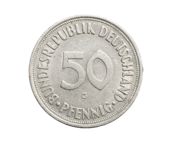 Femtio Tyska Pfennig Mynt Vit Isolerad Bakgrund — Stockfoto