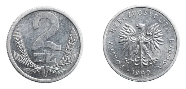 Dos Monedas Zloty Polaco Sobre Fondo Blanco Aislado — Foto de Stock