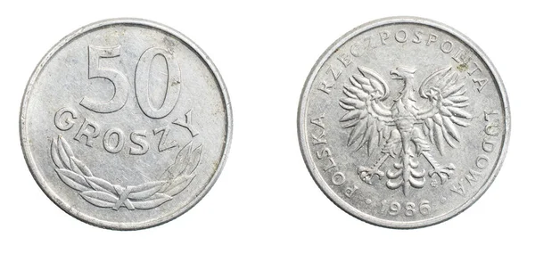 Cincuenta Pulido Zloty Moneda Sobre Fondo Blanco Aislado — Foto de Stock