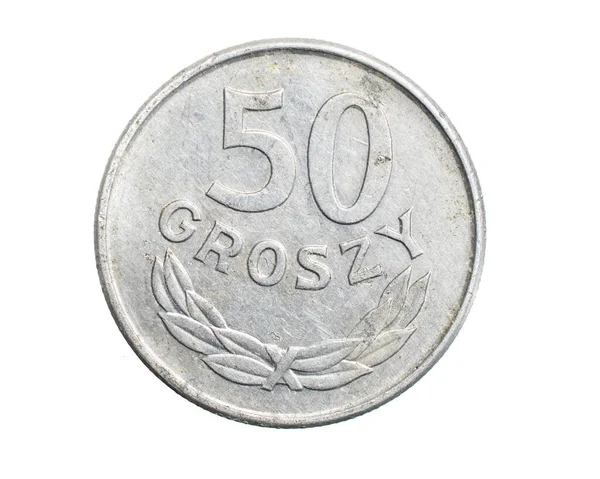 Πενήντα Πολωνικά Ζλότι Κέρμα Ένα Λευκό Απομονωμένο Φόντο — Φωτογραφία Αρχείου