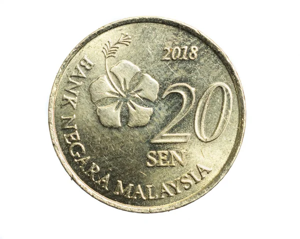 Malasia Moneda Veinte Sen Sobre Fondo Blanco Aislado — Foto de Stock