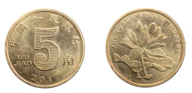 Porselen 5 jiao, beyaz izole bir arka planda para kazandı.