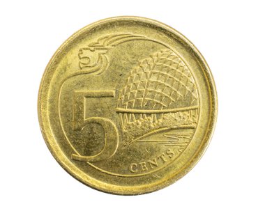 Singapur 5 sent madeni para beyaz izole bir arkaplan