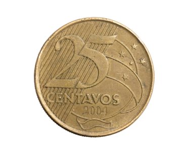Brezilya 25 centavos madeni para beyaz izole bir zemin üzerinde