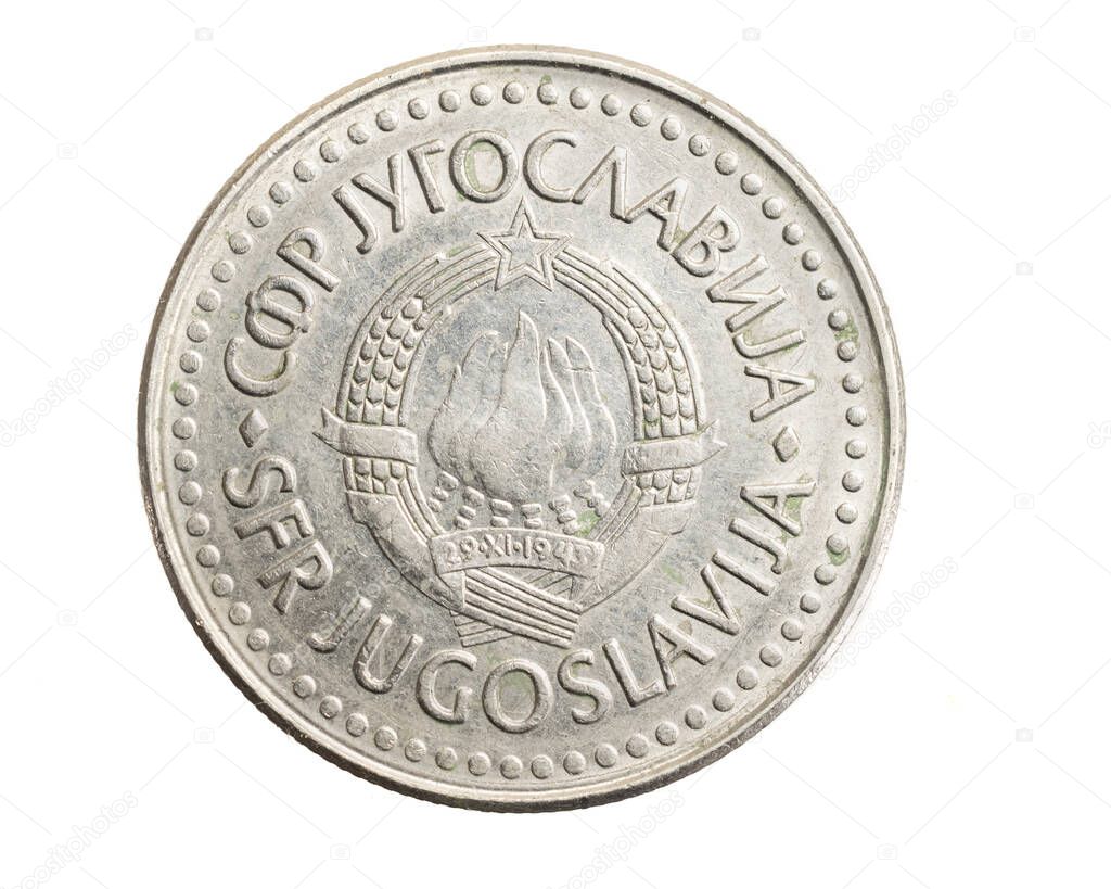 Yugoslavian one hundred dinar coin on white isolated background
