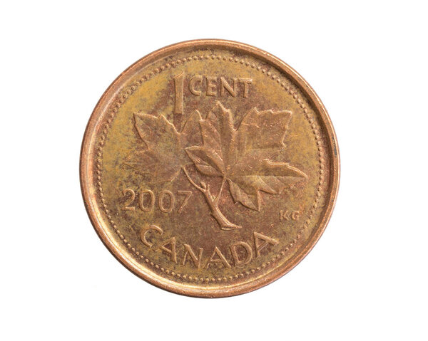 Canada one cent coin on a white isolated background